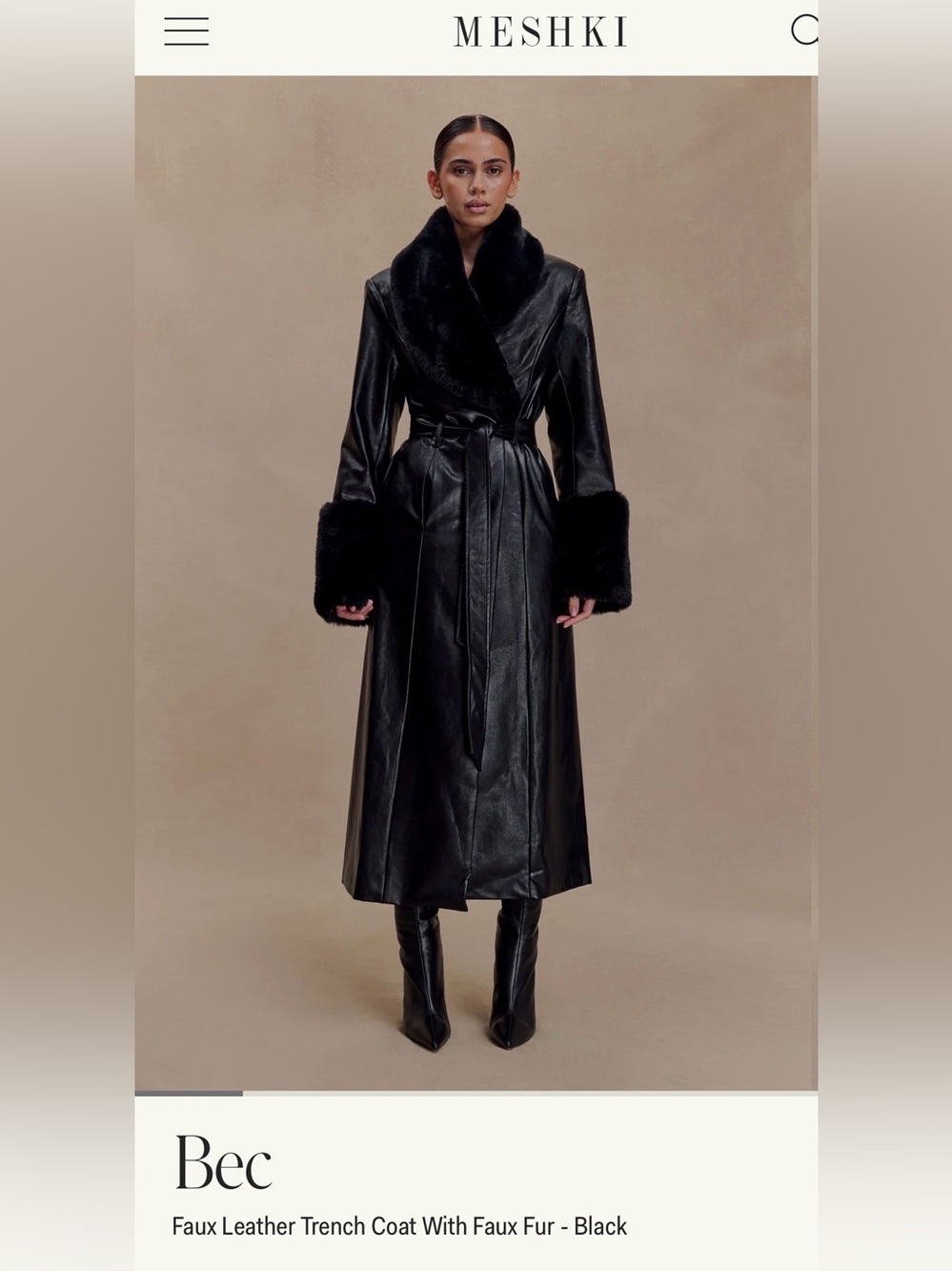 MESHKI Bec Faux Leather Trench Coat with Faux Fur Trim